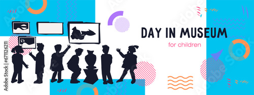 Ticket or flyer template for kids excursion to an art museum gallery, flat vector illustration. Banner with children discover world of art and visit museum or exhibition.