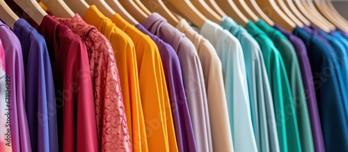 Women's colorful dresses on hangers, showcasing a fashion and shopping concept in a retail shop.