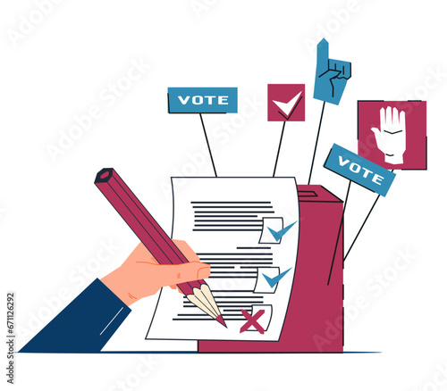 Ballot box for electoral process and vote in elections. Voting for government, democratic human rights banner or poster template, flat vector illustration isolated on a white.