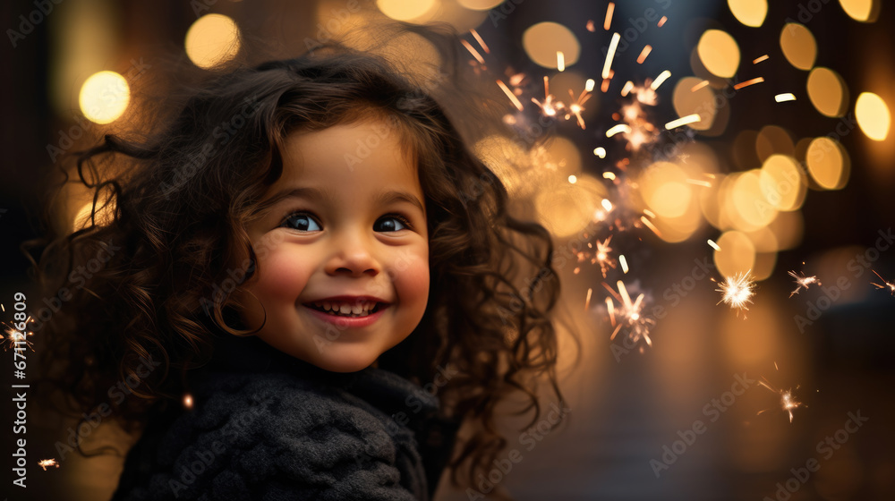 A young girl with sparkling blue eyes and a warm smile wears a winter hat with twinkling lights, surrounded by a magical atmosphere of golden bokeh lights. A young girl with sparkling blue eyes and a warm smile wears a winter hat with twinkling lights, surrounded by a magical atmosphere of golden bokeh lights.