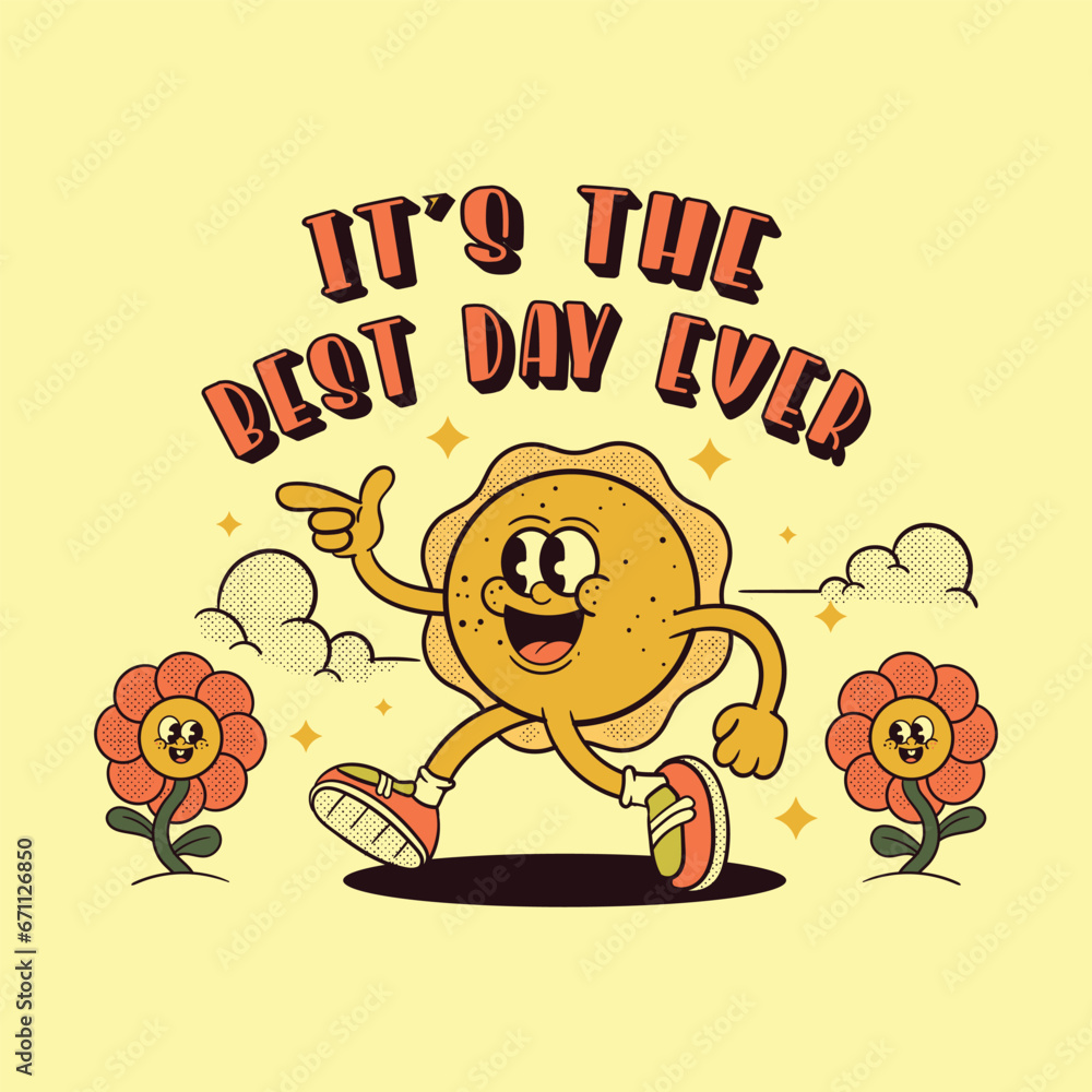 Obraz premium walking sun character t-shirt design illustration with flowers