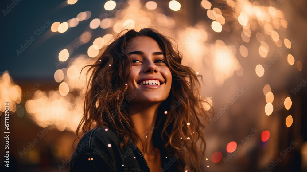 Curly-haired woman with a gleaming smile is captured in a festive evening atmosphere with sparklers and shimmering bokeh lights in the background.