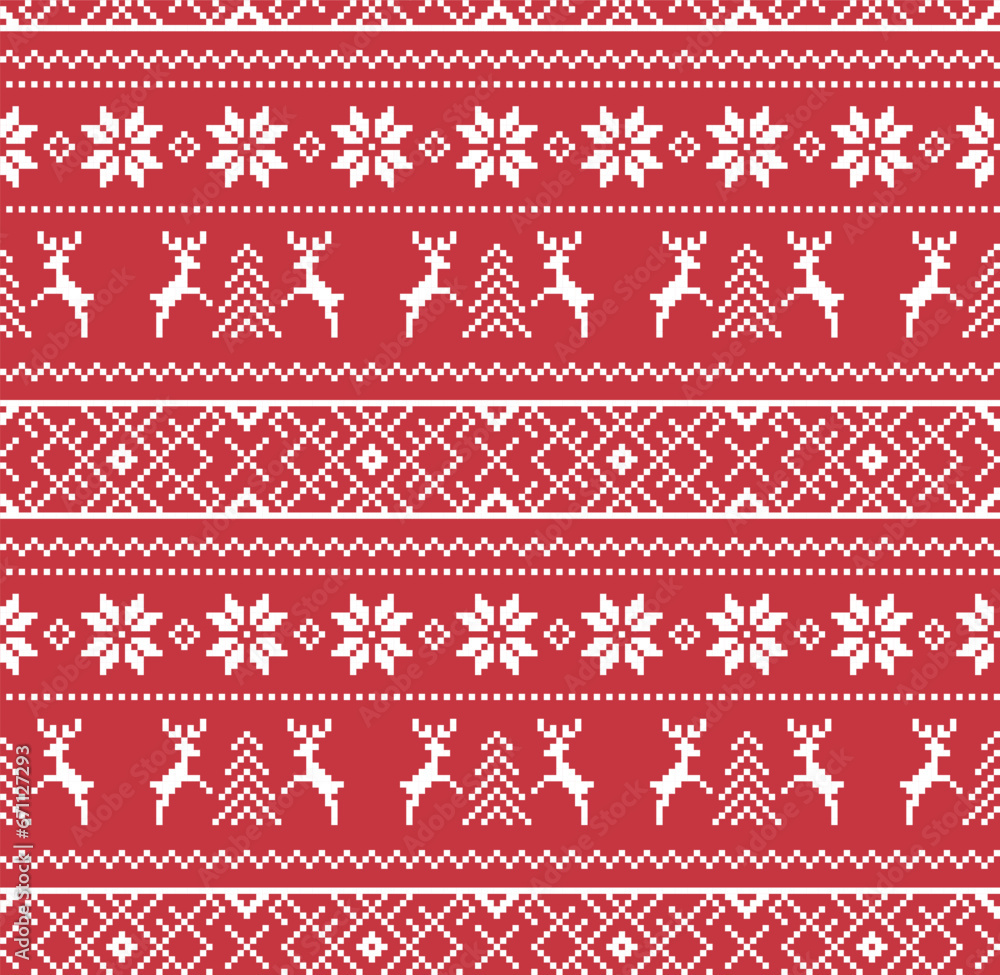 Christmas winter seamless vector pattern. Pixel deers and christmas trees