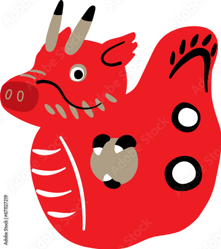 お正月・年賀状用 赤べこ風のかわいい辰の縁起物ベクターイラスト まゆ毛なし