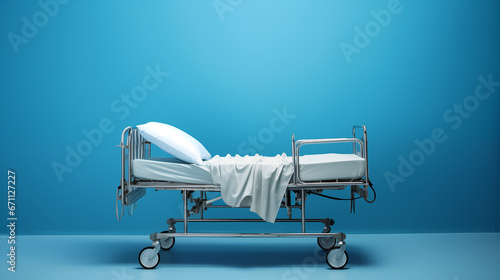 hospital bed, representing healing and recovery, against a clinical blue background