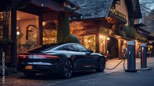 An electric car charges at an elegant charging station, getting ready for the next adventure