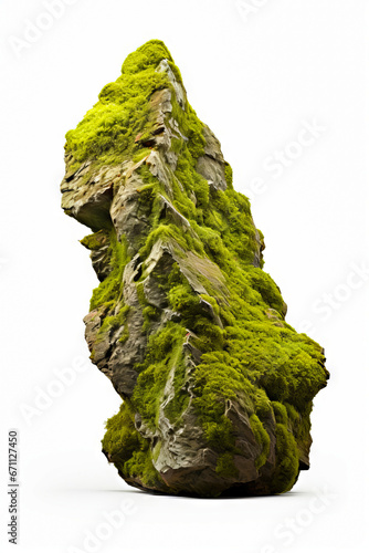 Very tall rock covered in green mossy mossy moss.