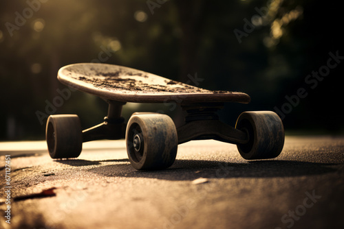 Skateboard with wheels that are dirty and needs to be repaired.