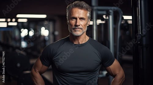 Gray-haired man, 50+ years old, in good athletic shape with pronounced muscles in the background of the gym