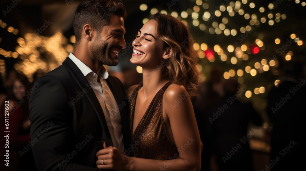 A romantically engaged couple share an intimate and joyful moment amidst a celebration, surrounded by golden bokeh lights.