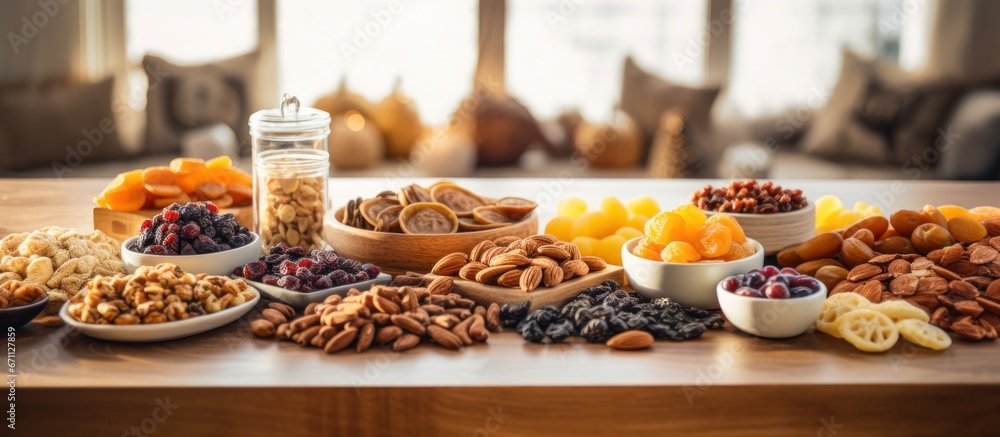 Assorted dried fruits and nuts arranged on a kitchen table, providing copy space.