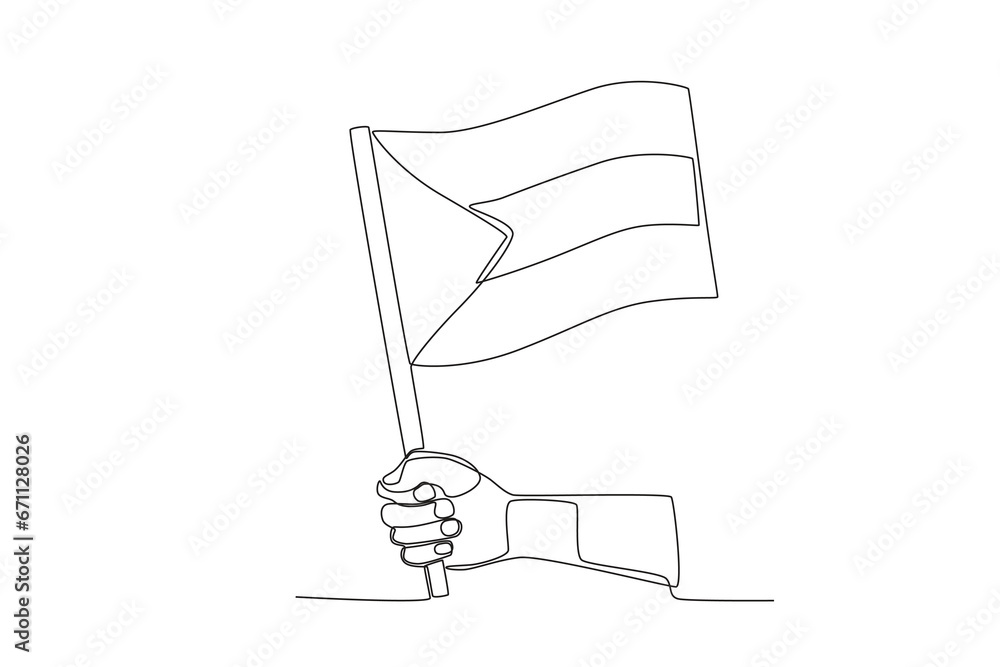 A concept of a hand holding the Palestinian flag. Palestine one-line drawing A concept of a hand holding the Palestinian flag. Palestine one-line drawing