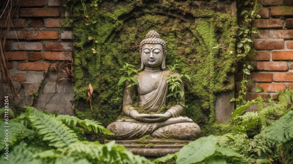 Buddha statue situated on brick wall with plants and moss growth. 