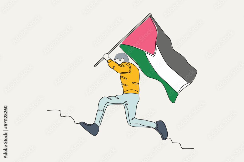Color illustration of a man running carrying a Palestinian flag. Palestine one-line drawing