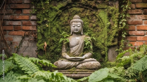 Buddha statue situated on brick wall with plants and moss growth. 