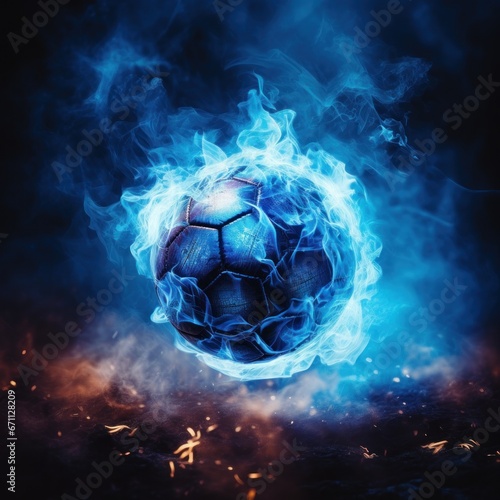 A soccer ball enveloped in blue flames and black smoke.