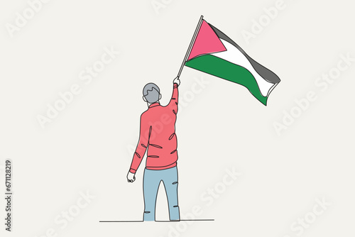Color illustration of a man holding a Palestinian flag. Palestine one-line drawing
