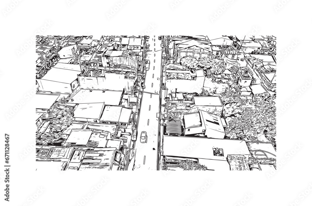 Building view with landmark of  Sariaya is the municipality in Philippines. Hand drawn sketch illustration in vector.