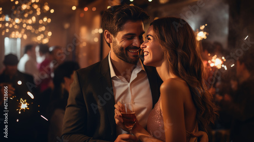 A romantically engaged couple share an intimate and joyful moment amidst a celebration  surrounded by golden bokeh lights.