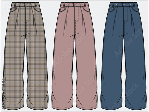 WIDE LEG BAGGY FIT BOTTOM WITH PLEATED FRONT IN SOLID COLORS AND CHECKERED PATTERN  FOR WOMEN CORPORATE WEAR IN EDITABLE VECTOR FILE