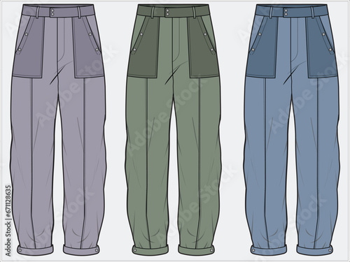 TAPERED CARROT FIT BOTTOM WITH TONAL UTILITY POCKET DETAIL TROUSER  DESIGNED FOR WOMEN AND TEENS WEAR IN EDITABLE FILE