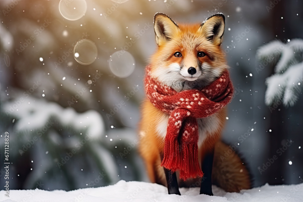 Cute fox in a red Christmas scarf against snowy winter forest background. Holiday greeting card concept. Animals in the wild. Cute fox in a red Christmas scarf against snowy winter forest background. Holiday greeting card concept. Animals in the wild.