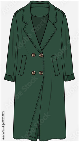 DOUBLE BREASTED LONG TRENCH ROBE COAT WITH WELT POCKET DETAIL DESIGNED FOR WOMEN IN VECTOR ILLUSTRATION 
