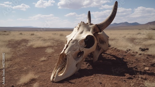 Cow head skeleton over the route and the dry environment 