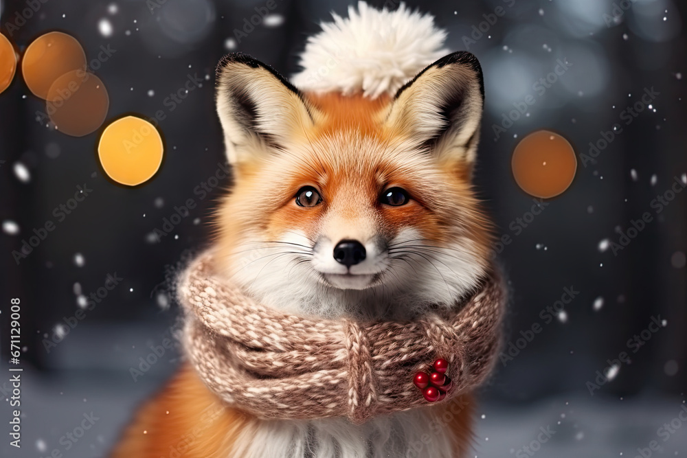 Cute fox in a Christmas scarf against snowy winter forest background. Holiday greeting card concept. Animals in the wild.