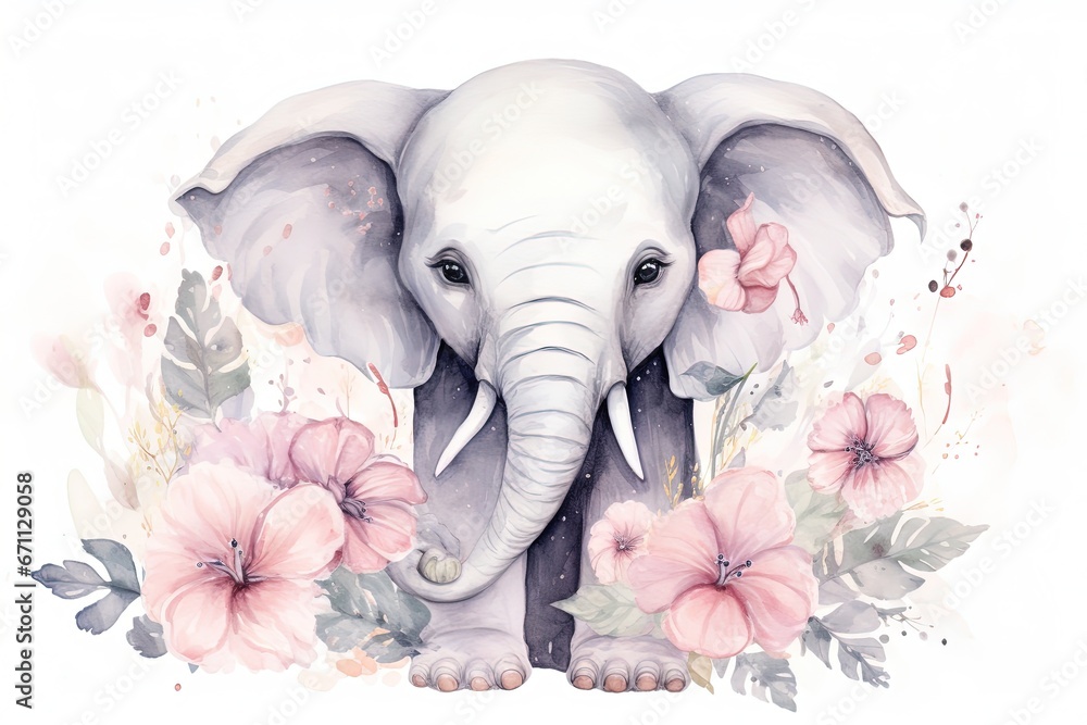 Tranquil Baby Elephant Watercolor Painting with Pink Flowers and Green Leaves