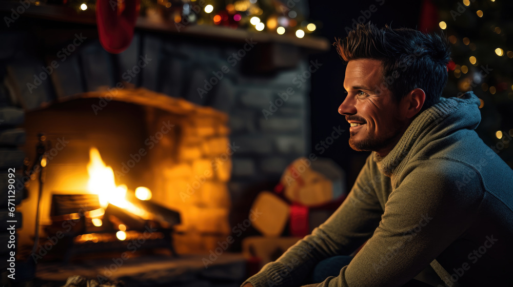 A joyous man smiles warmly, seated next to a glowing fireplace and a beautifully decorated Christmas tree. A joyous man smiles warmly, seated next to a glowing fireplace and a beautifully decorated Christmas tree.