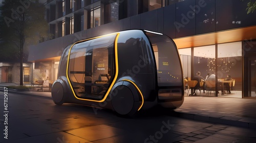 Autonomous robot taxi outside hotel/luxury accommodation - yellow brown color tones  photo