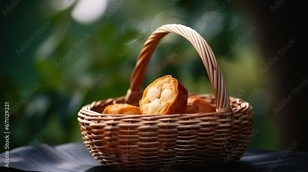 Delicious baked japanese sweet poatao in basket with green nature background. Fresh and high class product concept. 