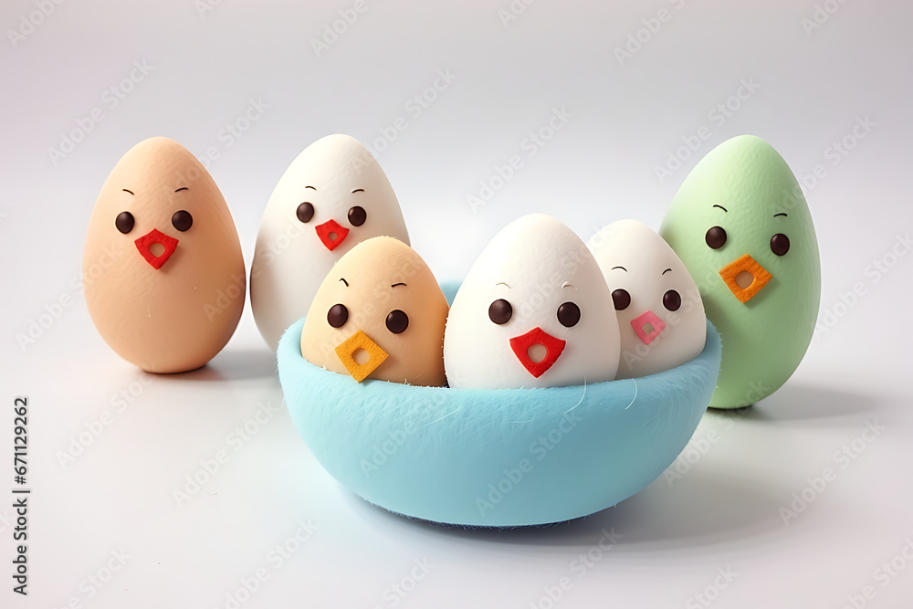 Six felt egg mascots in a blue bowl Six felt egg mascots in a blue bowl