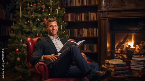 A joyous man smiles warmly, seated next to a glowing fireplace and a beautifully decorated Christmas tree.