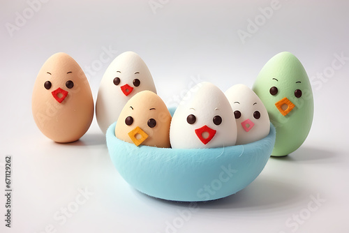 Six felt egg mascots in a blue bowl