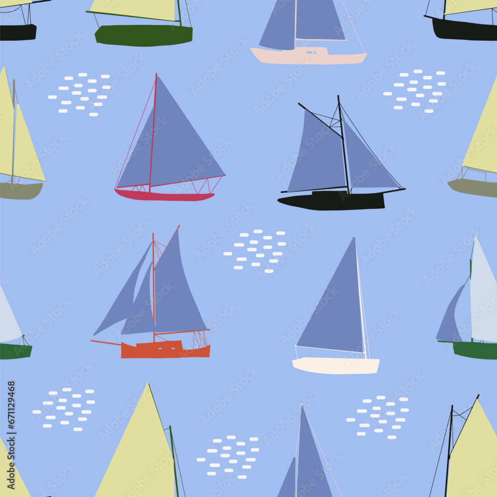 Boats seamless pattern. Summer sea print with sailing ships. Nautical vector background Boats seamless pattern. Summer sea print with sailing ships. Nautical vector background