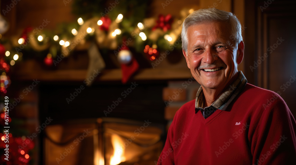 A joyful gentleman in a red sweater with a collar sits by a glowing fireplace, surrounded by a beautifully decorated Christmas tree, stockings, and festive ornaments. A joyful gentleman in a red sweater with a collar sits by a glowing fireplace, surrounded by a beautifully decorated Christmas tree, stockings, and festive ornaments.