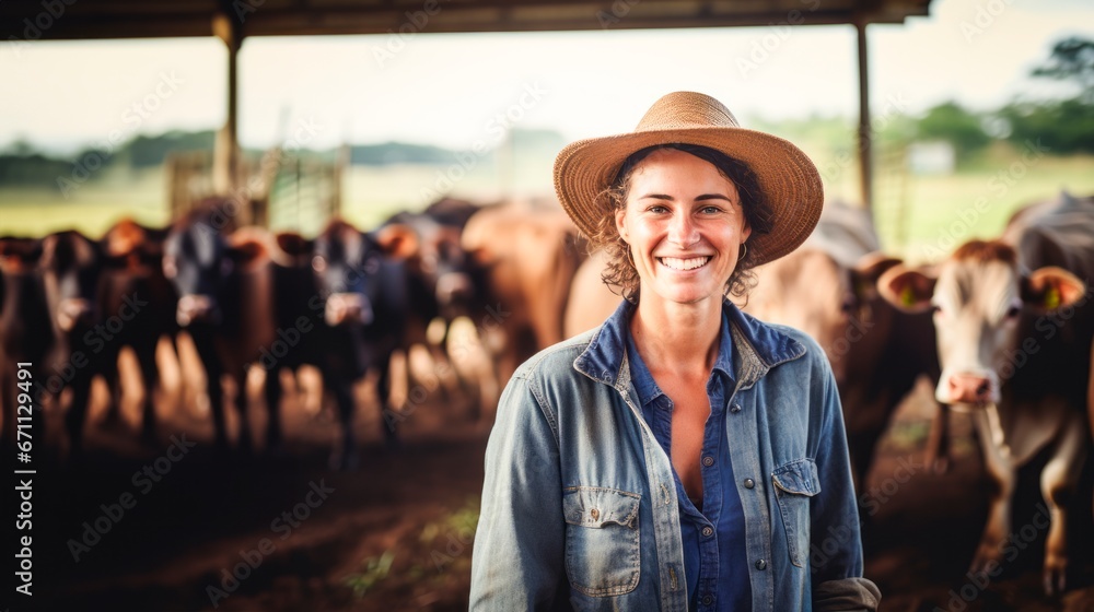 Portrait of a young woman on a farm with cows in the background. Woman farmer concept - obrazy, fototapety, plakaty 