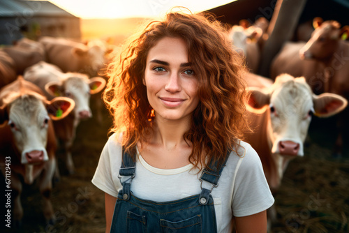 Portrait of a young woman on a farm with cows in the background. Woman farmer concept © XC Stock