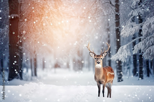 Elegant reindeer against snowy winter forest background. Holiday Christmas and New Year greeting card concept. Animals in the wild.