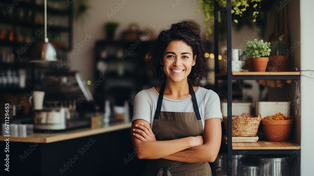 A woman in an apron stands confidently before a shelf adorned with flowerpots and houseplants, her glasses perched on her nose as she smiles warmly, a vase in one hand and a cup of coffee in the othe
