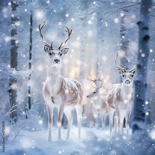 Group of Elegant reindeers against snowy winter forest background. Holiday Christmas and New Year greeting card concept. Animals in the wild.