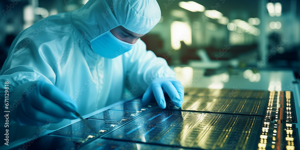 semiconductor worker in silicon chip manufacturing - obrazy, fototapety, plakaty 