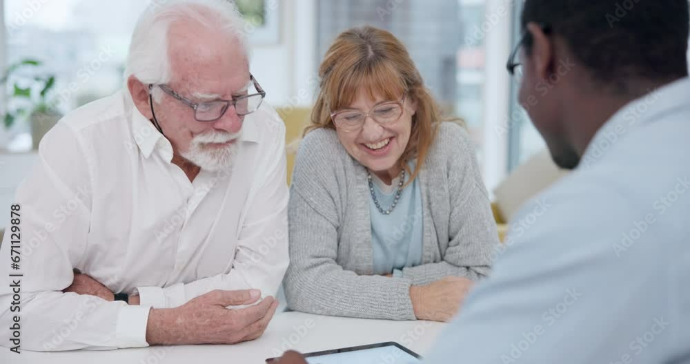 Senior, couple and handshake for insurance planning and investment at a meeting. Consultant, shaking hands and agreement deal with financial advisor and retirement budget for savings with thank you Senior, couple and handshake for insurance planning and investment at a meeting. Consultant, shaking hands and agreement deal with financial advisor and retirement budget for savings with thank you