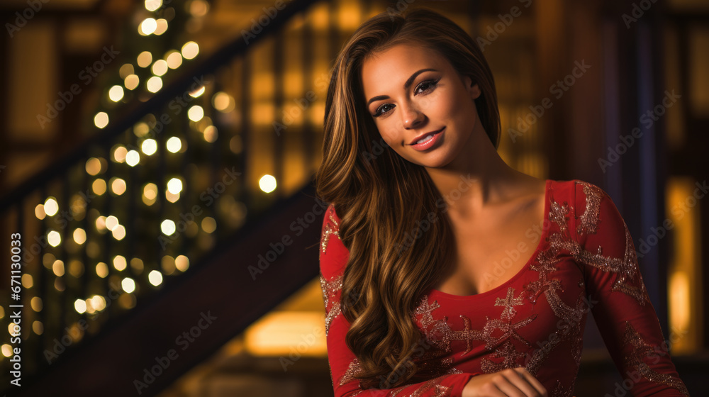A joyful woman with curly hair and a radiant smile is illuminated by the warm glow of Christmas lights and wrapped gift in the foreground.