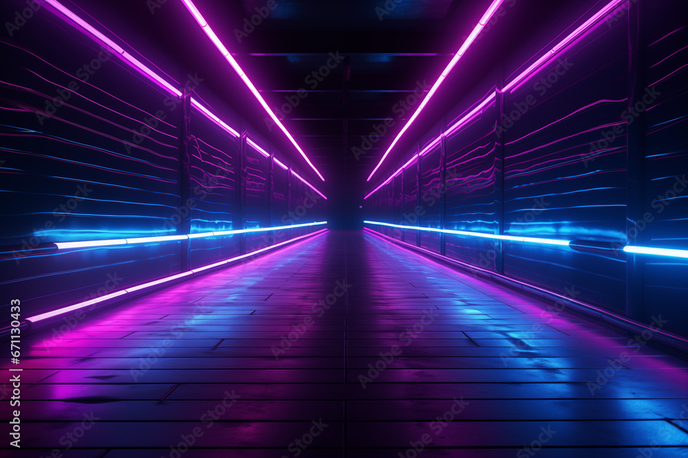 mesmerizing neon-lit tunnel adorned with vibrant lights in the retro hues of blue and pink. This enchanting scene, inspired by retrowave aesthetics, seamlessly blends retro and futuristic atmosphere mesmerizing neon-lit tunnel adorned with vibrant lights in the retro hues of blue and pink. This enchanting scene, inspired by retrowave aesthetics, seamlessly blends retro and futuristic atmosphere