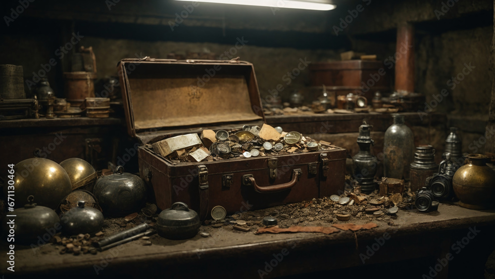 A scavenger's treasure trove of pre-apocalypse relics in an underground vault.