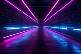 mesmerizing neon-lit tunnel adorned with vibrant lights in the retro hues of blue and pink. This enchanting scene, inspired by retrowave aesthetics, seamlessly blends retro and futuristic atmosphere