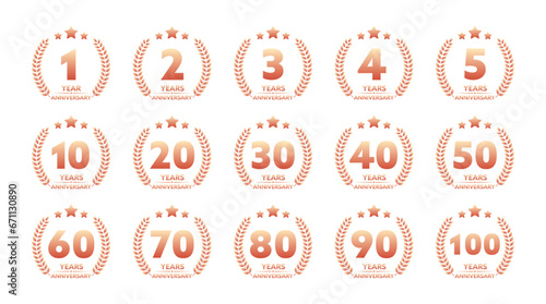 Anniversary icon set with laurel wreath. 10, 20, 30, 40 ,50, 60, 70, 80, 90, 100 years jubilee. Celebration anniversary event. Vector stock illustration photo